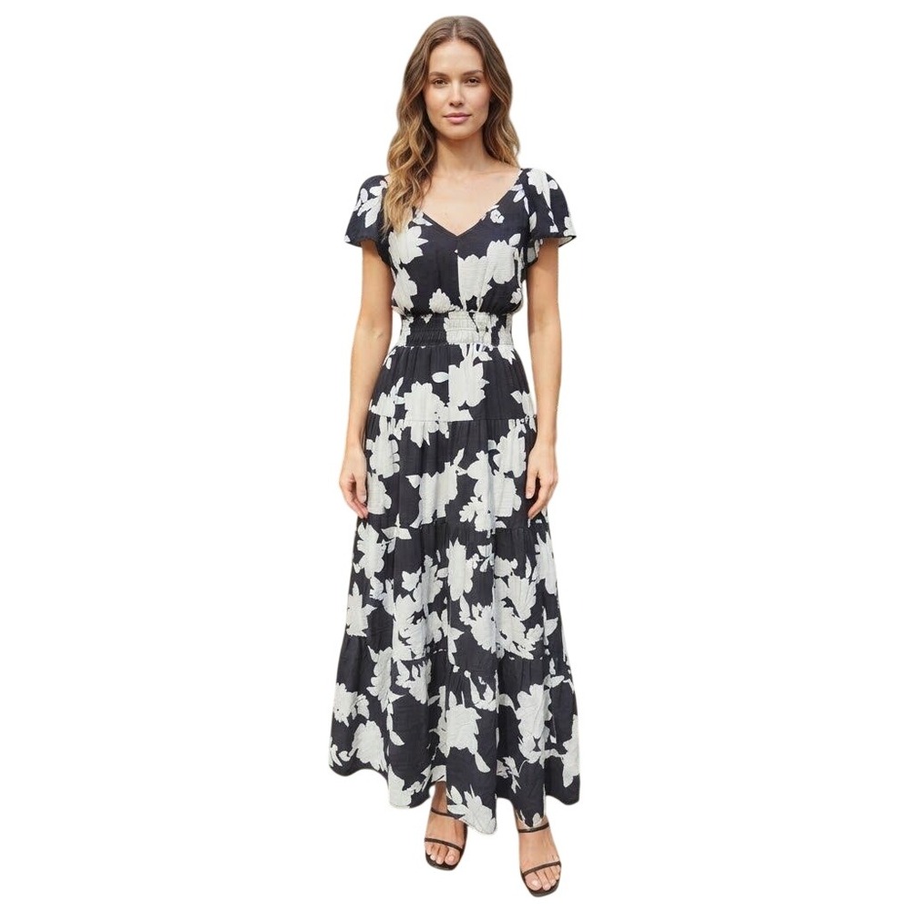 Rachel Zoe Black White Floral Smocked Waist Tiered Maxi Dress Short Sleeve Small